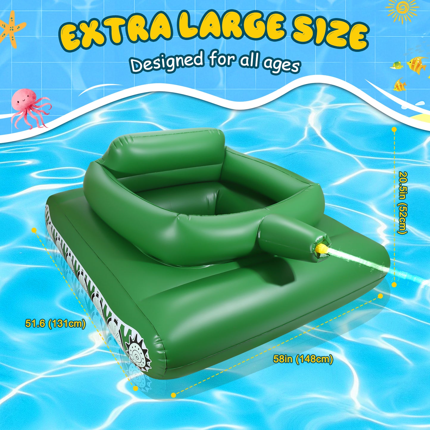 Giant Inflatable Tank Ride On Pool Float, Blow Up Tank Pool Floatie with Functional Pump-Action Water Cannon for Adults & Kids Ages 5+(1Pack)