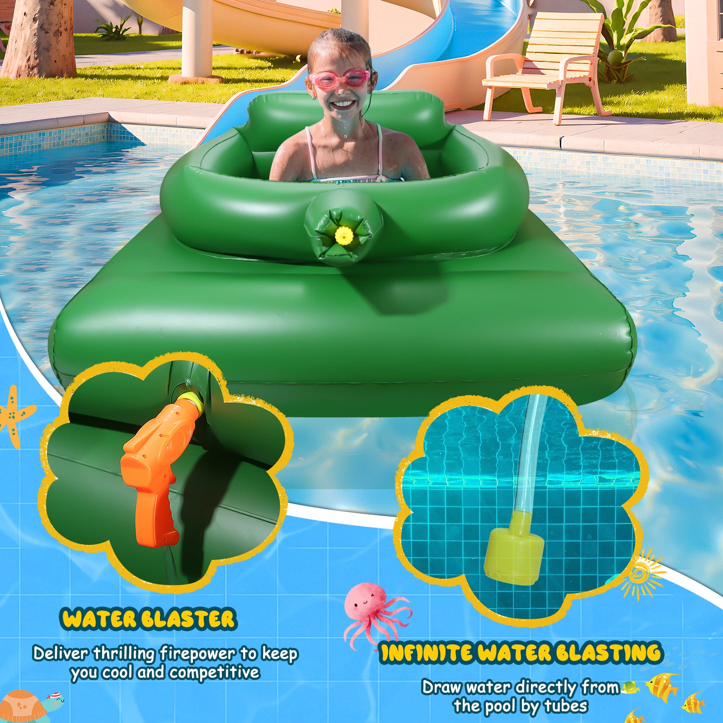 Giant Inflatable Tank Ride On Pool Float, Blow Up Tank Pool Floatie with Functional Pump-Action Water Cannon for Adults & Kids Ages 5+(1Pack)