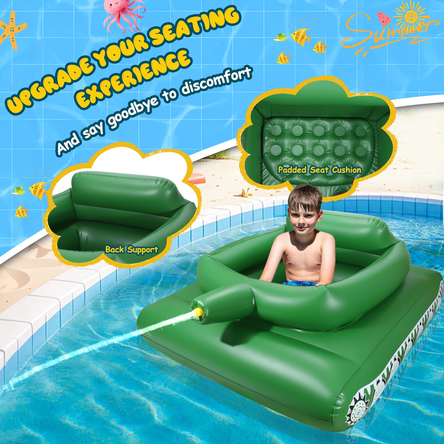 Giant Inflatable Tank Ride On Pool Float, Blow Up Tank Pool Floatie with Functional Pump-Action Water Cannon for Adults & Kids Ages 5+(1Pack)