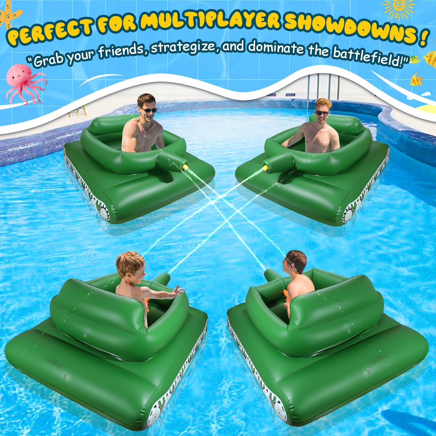 Giant Inflatable Tank Ride On Pool Float, Blow Up Tank Pool Floatie with Functional Pump-Action Water Cannon for Adults & Kids Ages 5+(1Pack)